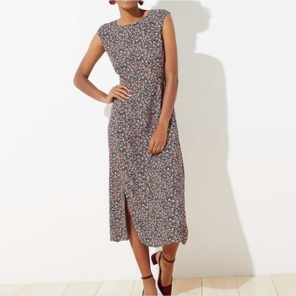 LOFT 6T tall Floral Paisley Print Midi Shirt dress pink blue dark Floral